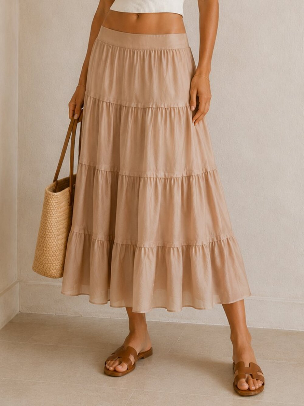Vince 100% Silk Tiered Skirt Neutral Romantic Boho Quiet Luxury Feminine Skirt 8